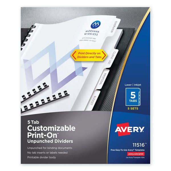 Avery Dennison Print-On Index Dividers 5 Tab, White, PK5 11516